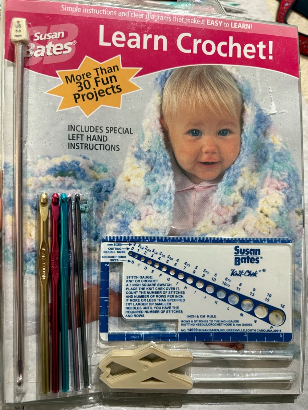 NEW Vtg Susan Bates Learn Crochet! Beginner Kit -Complete with Hooks, Knit Gauge